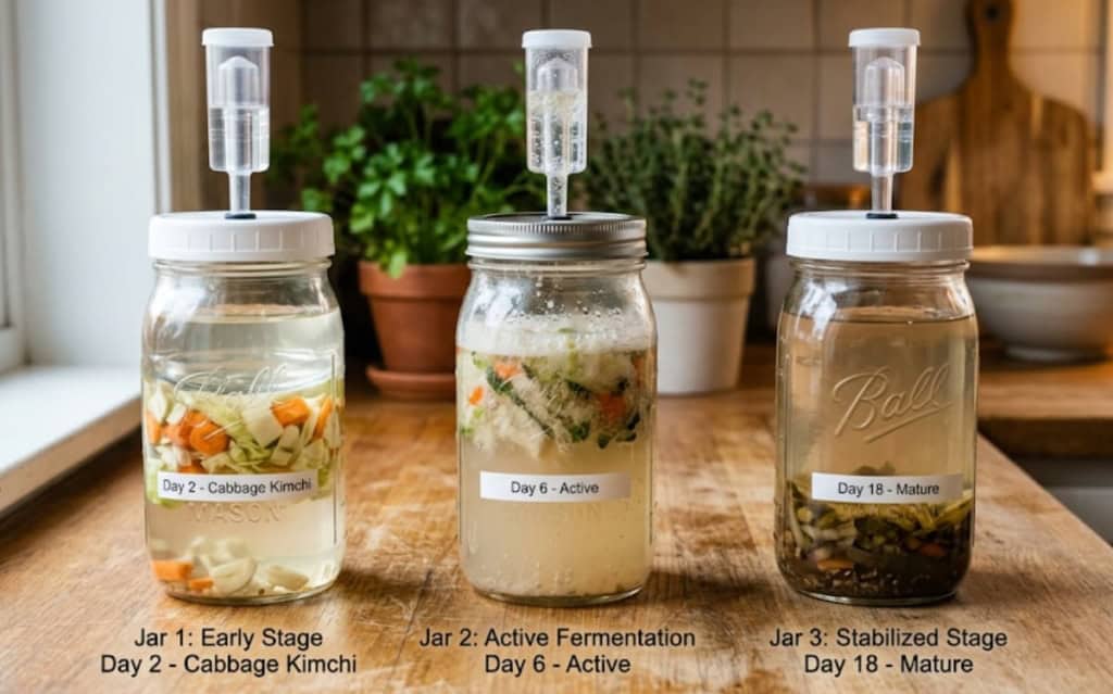 Fermentation jars for Soya Maya with different stages of fermentation.
