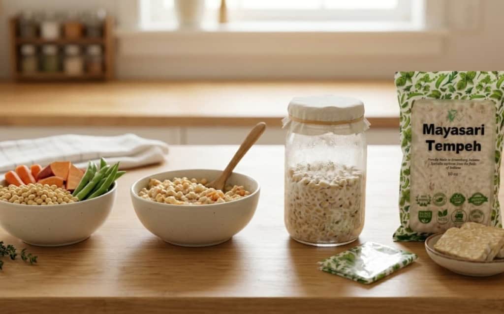 Soybeans, starter culture jar, and packaged tempeh on a counter showing what are the stages of fermentation at home.