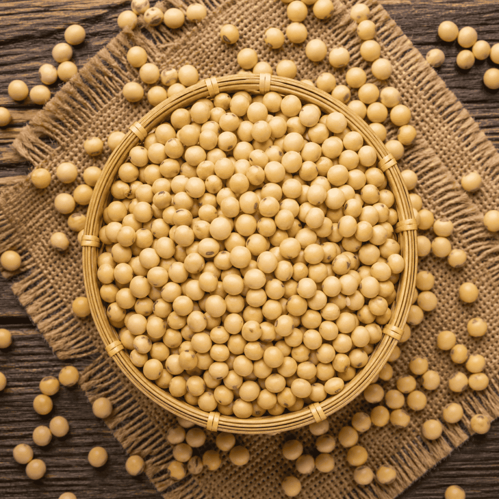 Top view of golden soybeans in a wicker basket on burlap, are local soybeans usually Non-GMO?