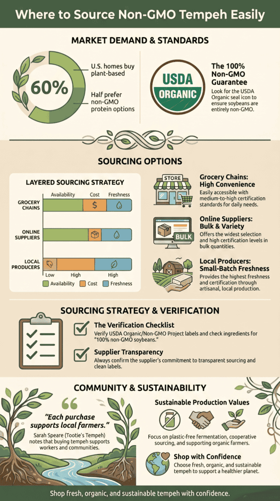 Infographic showing where to sources Non-GMO tempeh, covering market demand, sourcing options, and sustainability tips.