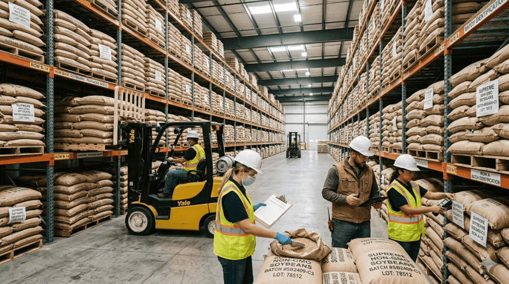 Workers inspecting Non-GMO soybean sacks in a warehouse, representing where to sources Non-GMO tempeh at scale