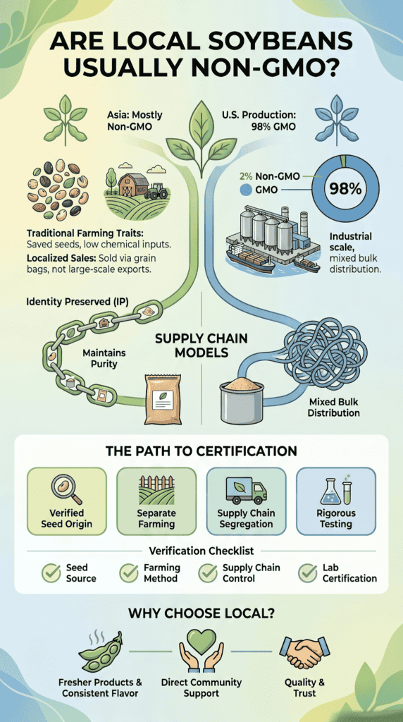 Local non-GMO soybeans with verified seed origin and sustainable supply chain models.